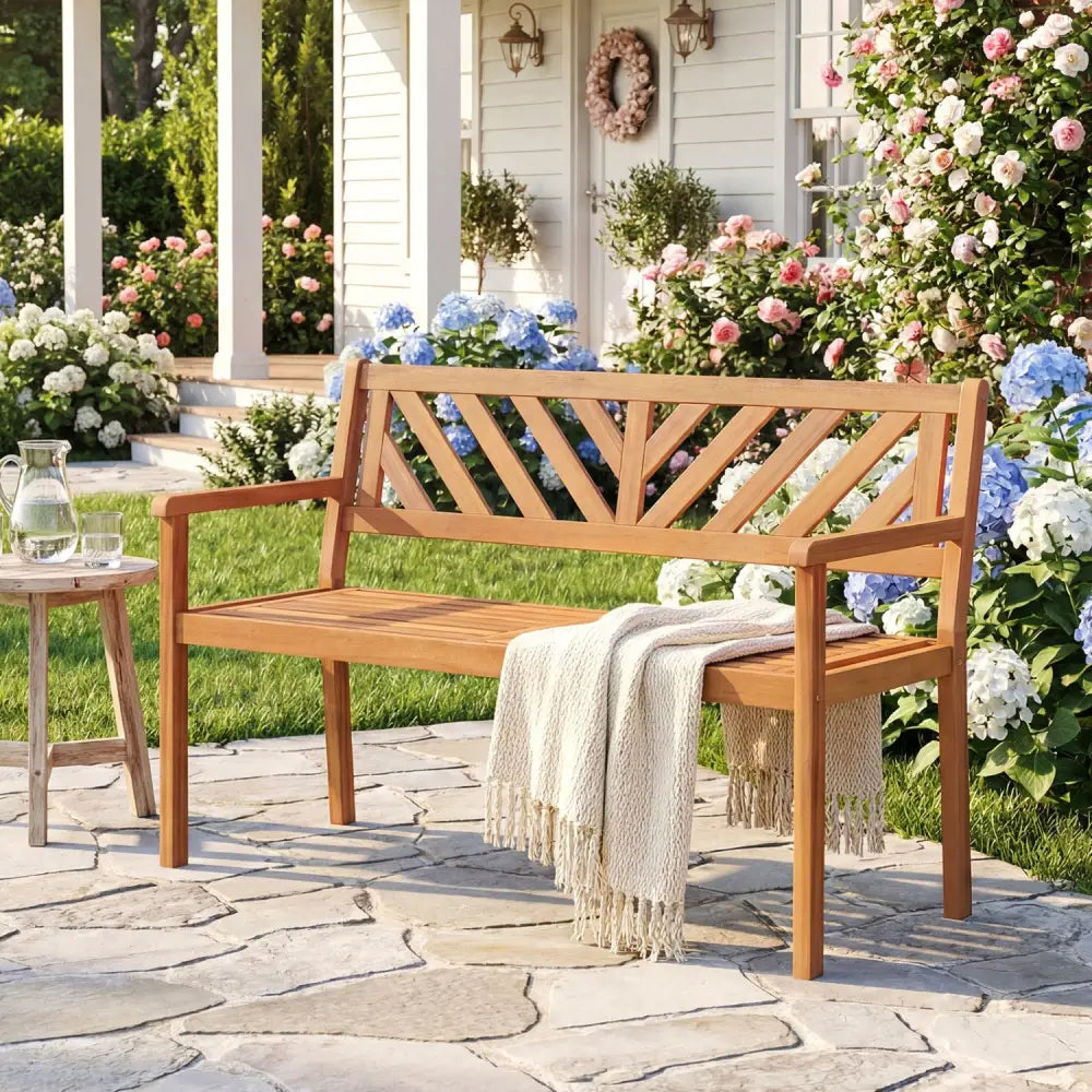 2-Person Patio Acacia Wood Garden Chair with Armrests and Backrest for Porch - Teak - Outdoor Benches