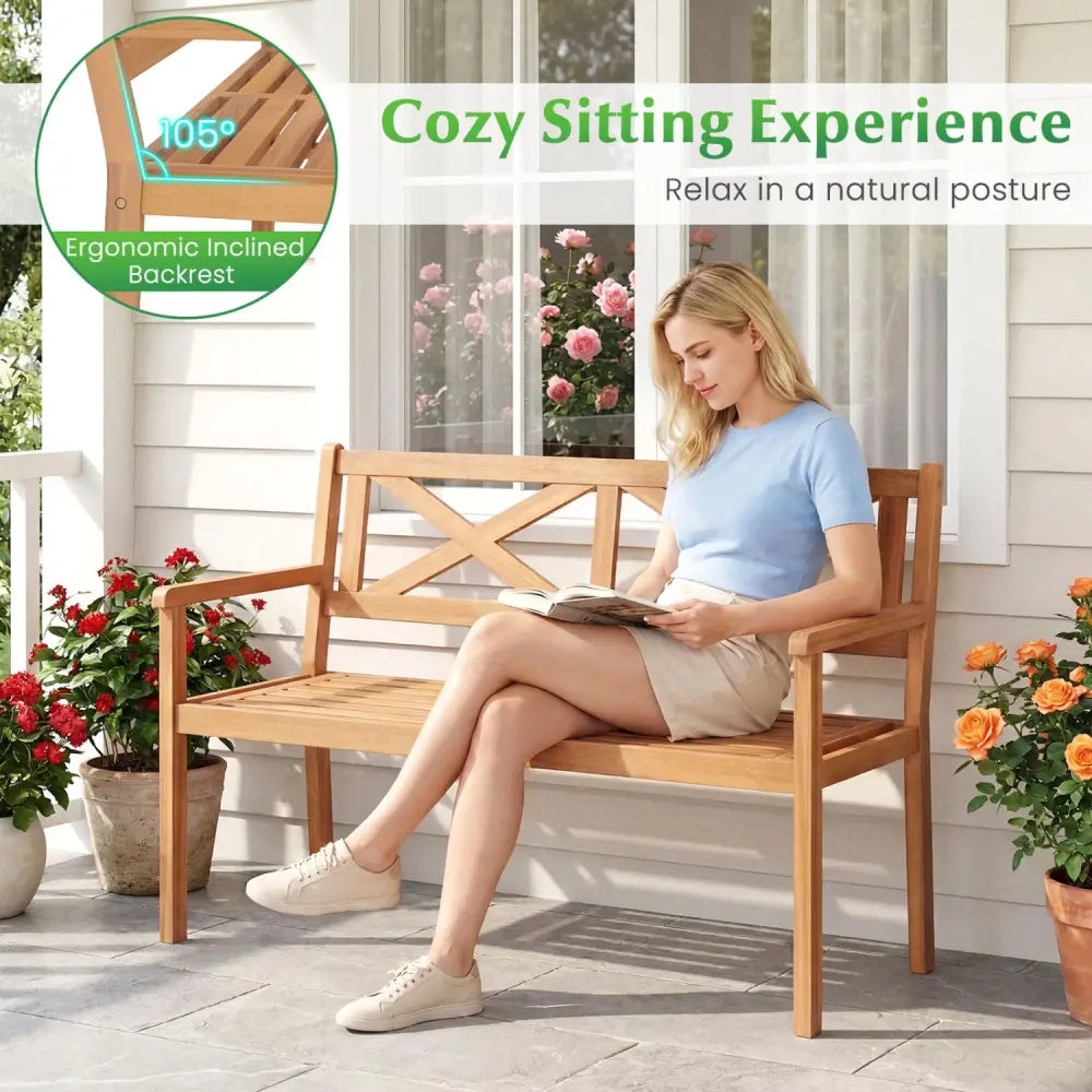 2-Person Patio Acacia Wood Garden Chair with Armrests and Backrest for Backyard - Teak - Outdoor Benches