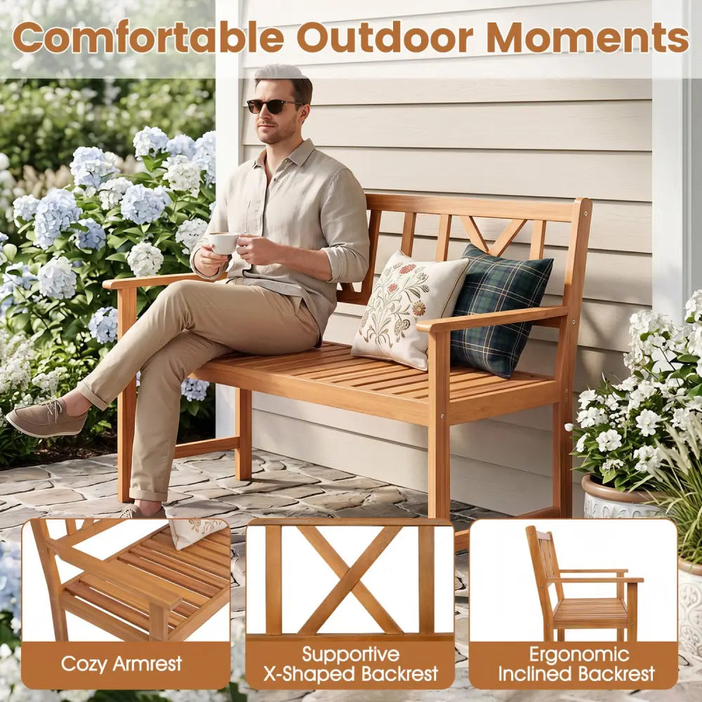 2-Person Patio Acacia Wood Garden Chair with Armrests and X-Shaped Backrest for Garden - Outdoor Benches