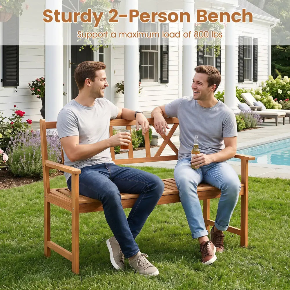 2-Person Patio Acacia Wood Garden Chair with Armrests and X-Shaped Backrest for Garden - Outdoor Benches