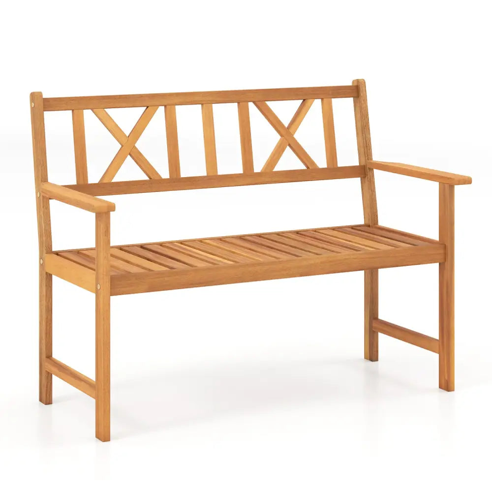 2-Person Patio Acacia Wood Garden Chair with Armrests and X-Shaped Backrest for Garden - Outdoor Benches