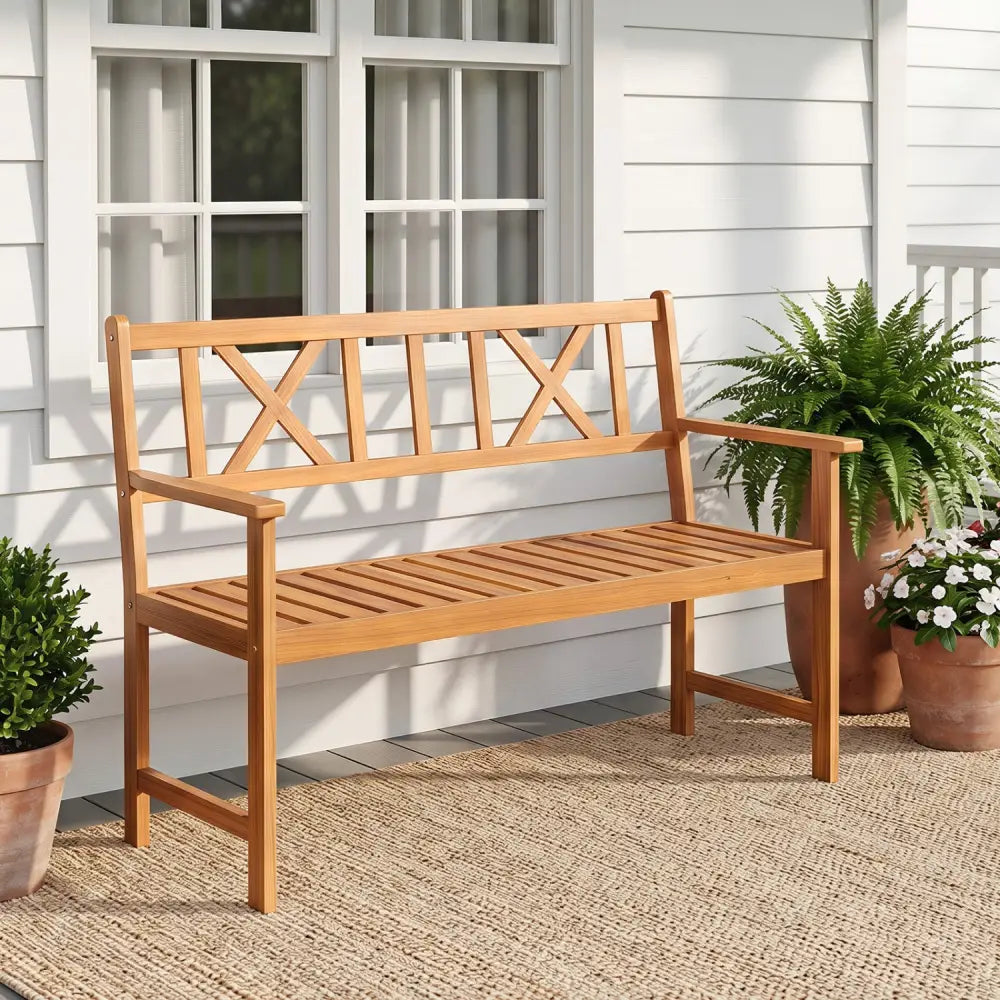 2-Person Patio Acacia Wood Garden Chair with Armrests and X-Shaped Backrest for Garden - Outdoor Benches