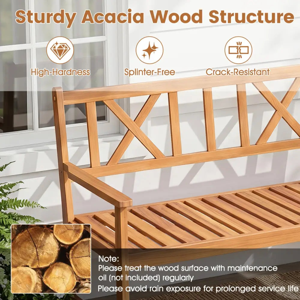2-Person Patio Acacia Wood Garden Chair with Armrests and X-Shaped Backrest for Garden - Outdoor Benches