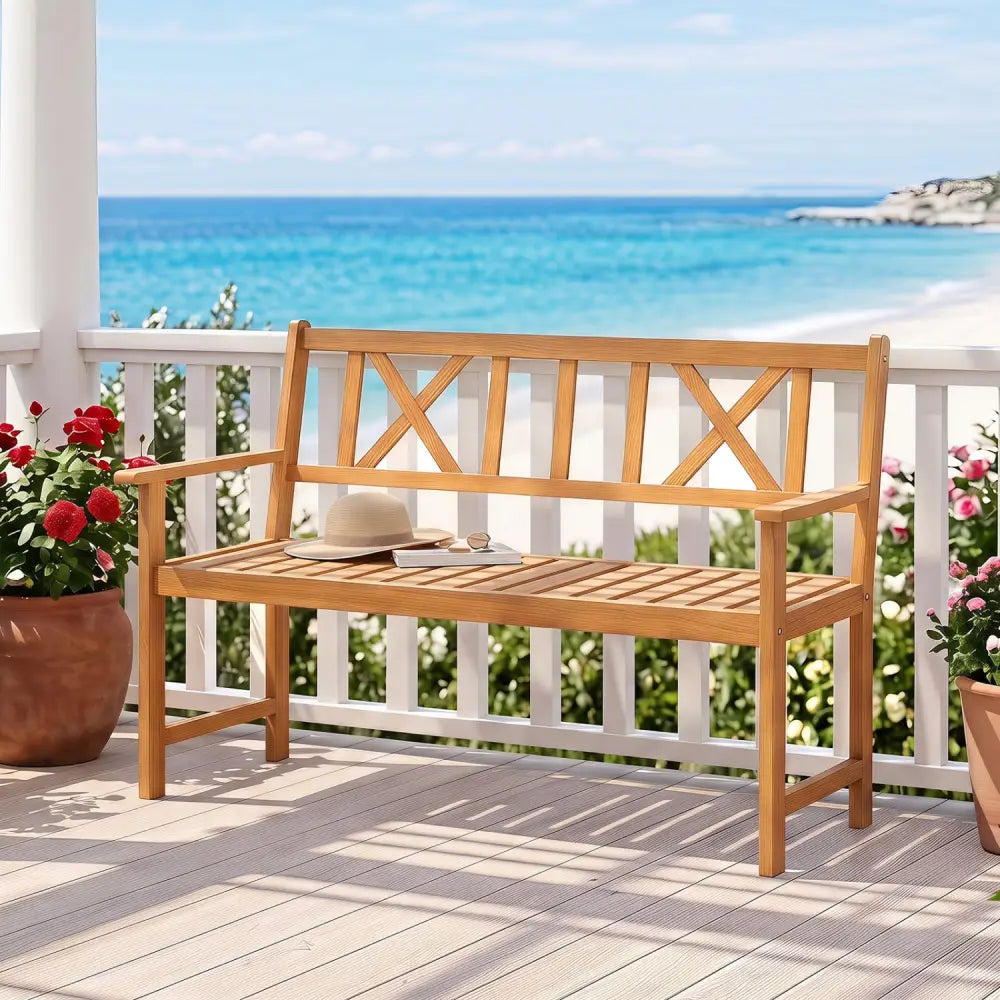 2-Person Patio Acacia Wood Garden Chair with Armrests and X-Shaped Backrest for Garden - Outdoor Benches