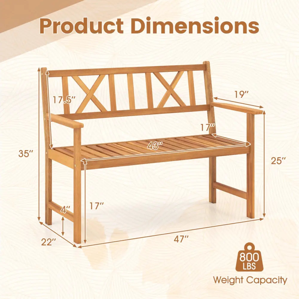 2-Person Patio Acacia Wood Garden Chair with Armrests and X-Shaped Backrest for Garden - Outdoor Benches