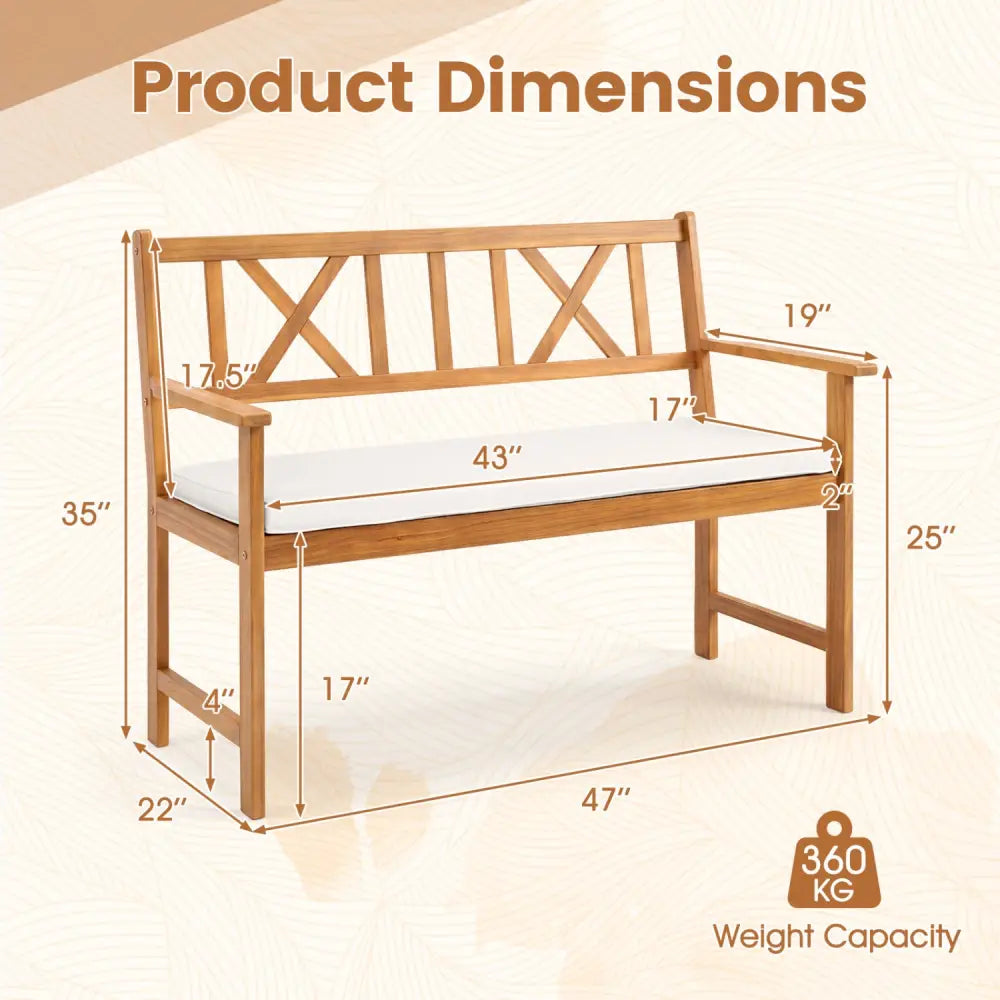 2-Person Patio Acacia Wood Garden Chair with Removable Seat Cushion-Natural&White - Natural & White - Outdoor Benches