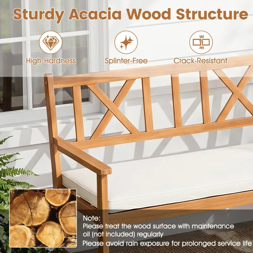 2-Person Patio Acacia Wood Garden Chair with Removable Seat Cushion-Natural&White - Natural & White - Outdoor Benches