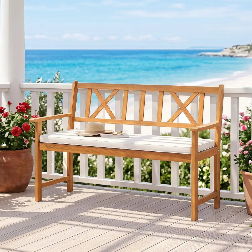2-Person Patio Acacia Wood Garden Chair with Removable Seat Cushion-Natural&White - Natural & White - Outdoor Benches
