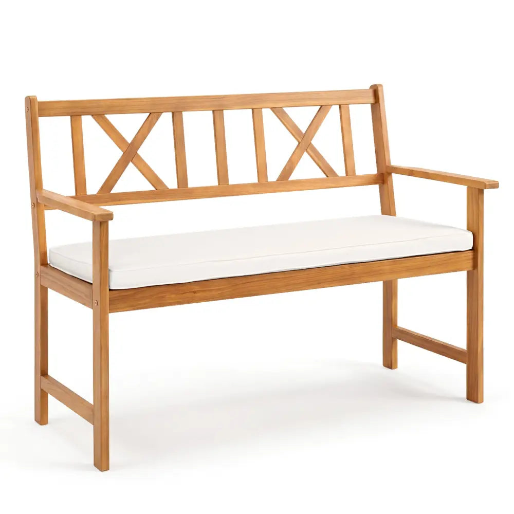 2-Person Patio Acacia Wood Garden Chair with Removable Seat Cushion-Natural&White - Natural & White - Outdoor Benches