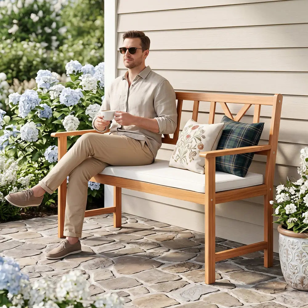 2-Person Patio Acacia Wood Garden Chair with Removable Seat Cushion-Natural&White - Natural & White - Outdoor Benches