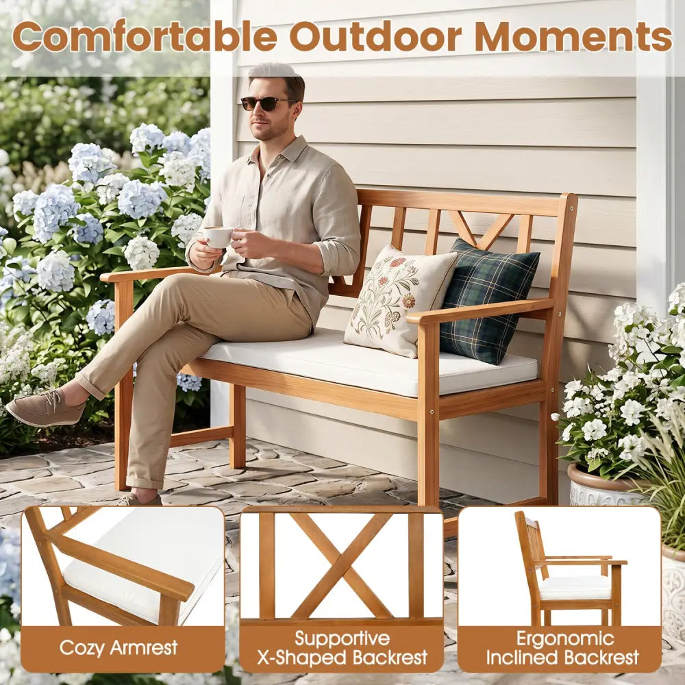 2-Person Patio Acacia Wood Garden Chair with Removable Seat Cushion-Natural&White - Natural & White - Outdoor Benches