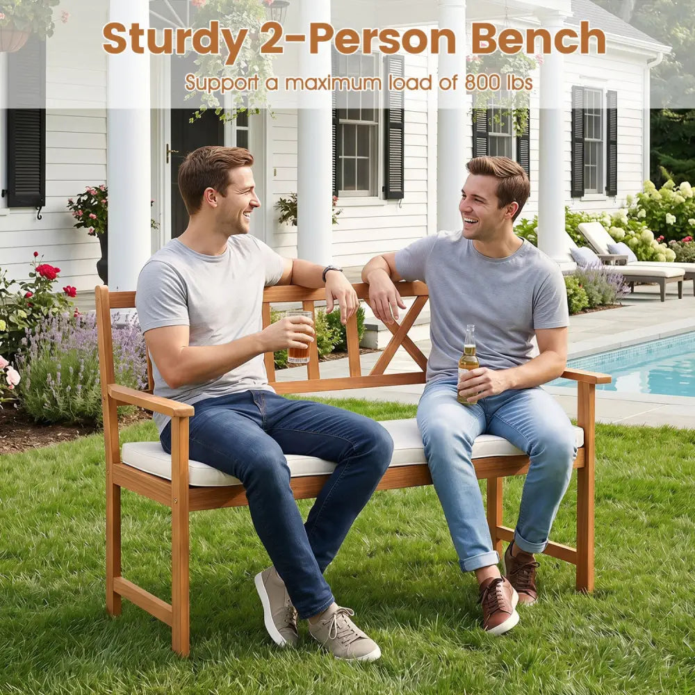 2-Person Patio Acacia Wood Garden Chair with Removable Seat Cushion-Natural&White - Natural & White - Outdoor Benches