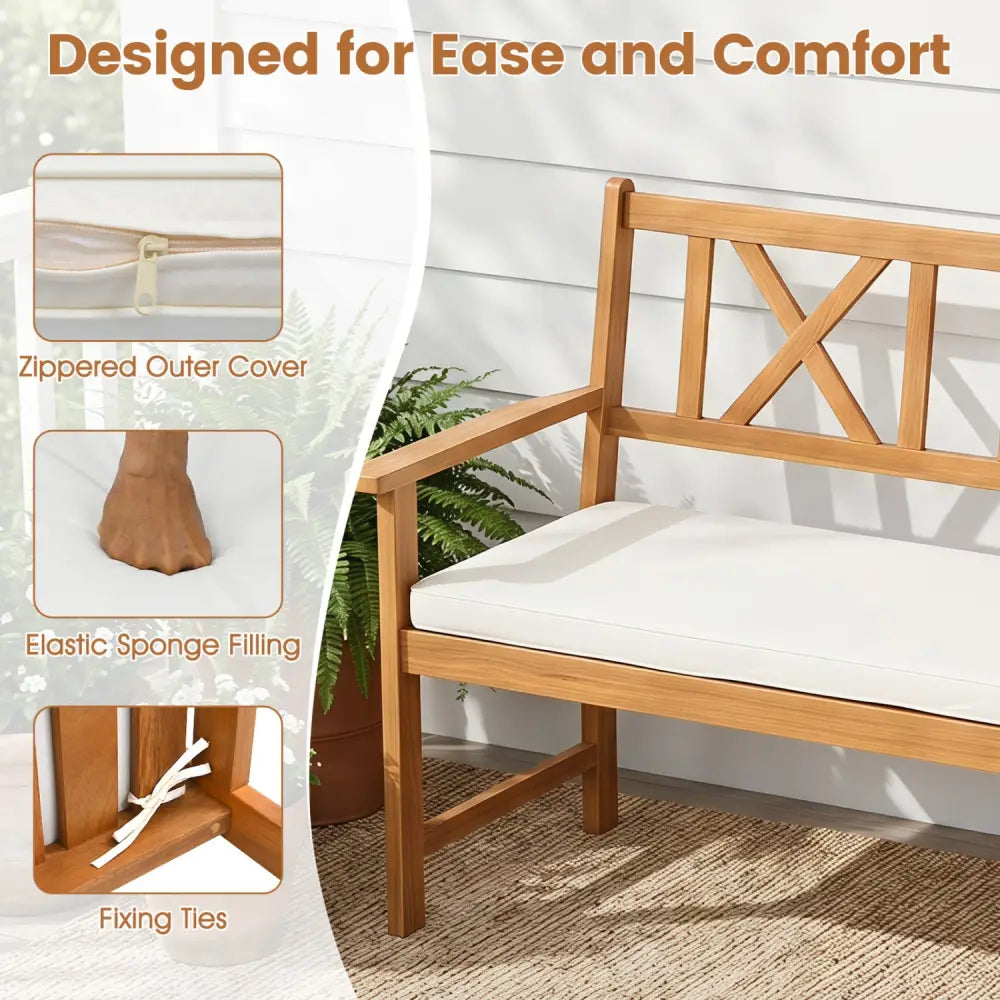 2-Person Patio Acacia Wood Garden Chair with Removable Seat Cushion-Natural&White - Natural & White - Outdoor Benches