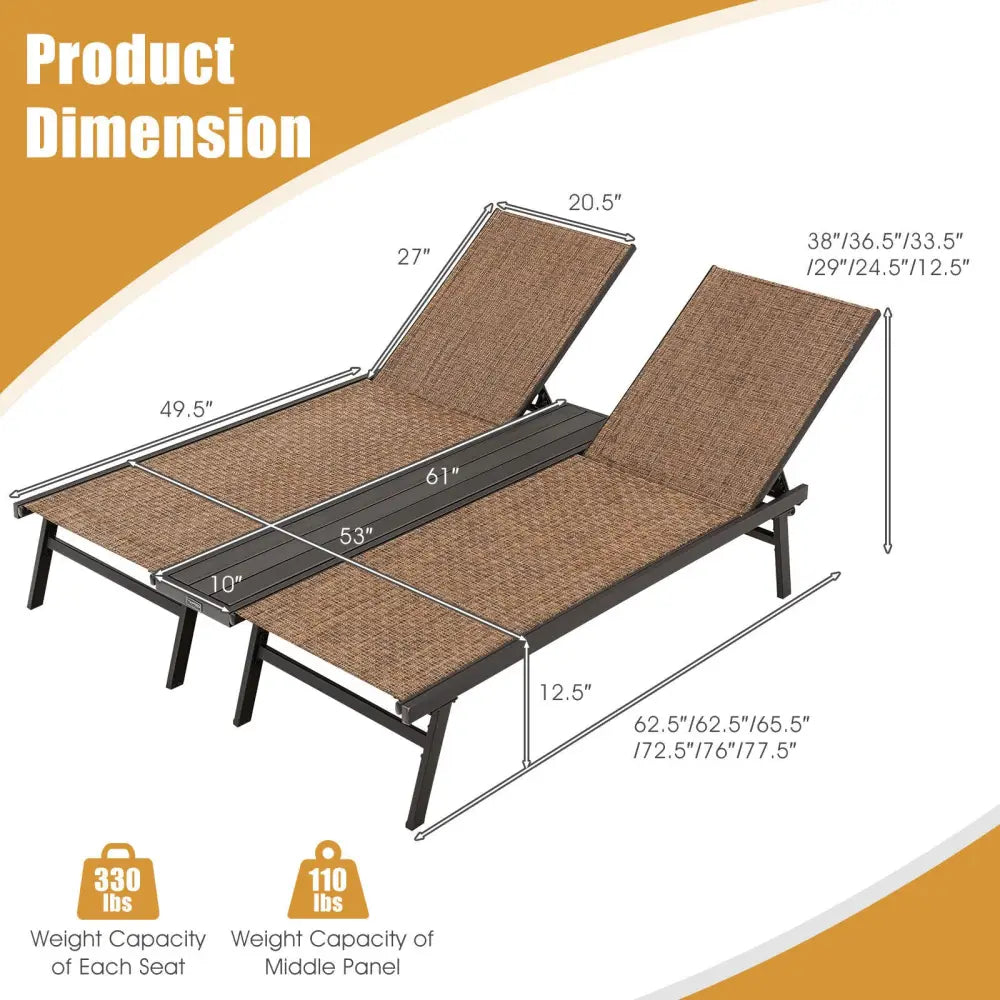 2-Person Patio Chaise Lounge with Middle Panel-Brown - Brown - Outdoor Chaise Lounges