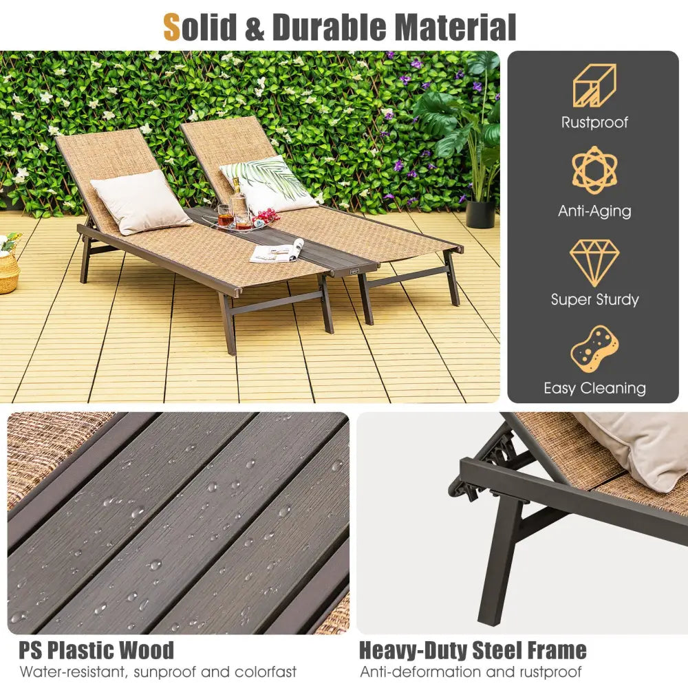 2-Person Patio Chaise Lounge with Middle Panel-Brown - Brown - Outdoor Chaise Lounges