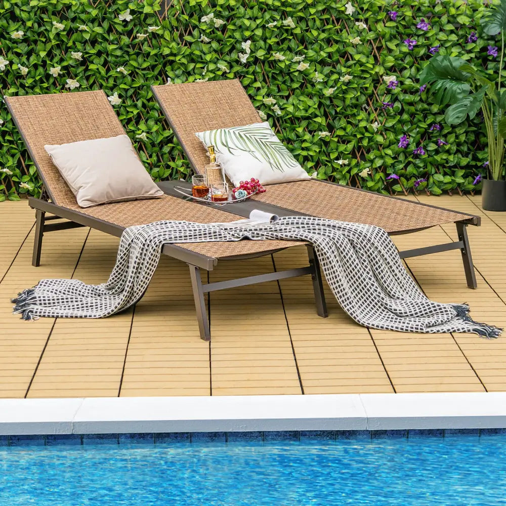 2-Person Patio Chaise Lounge with Middle Panel-Brown - Brown - Outdoor Chaise Lounges