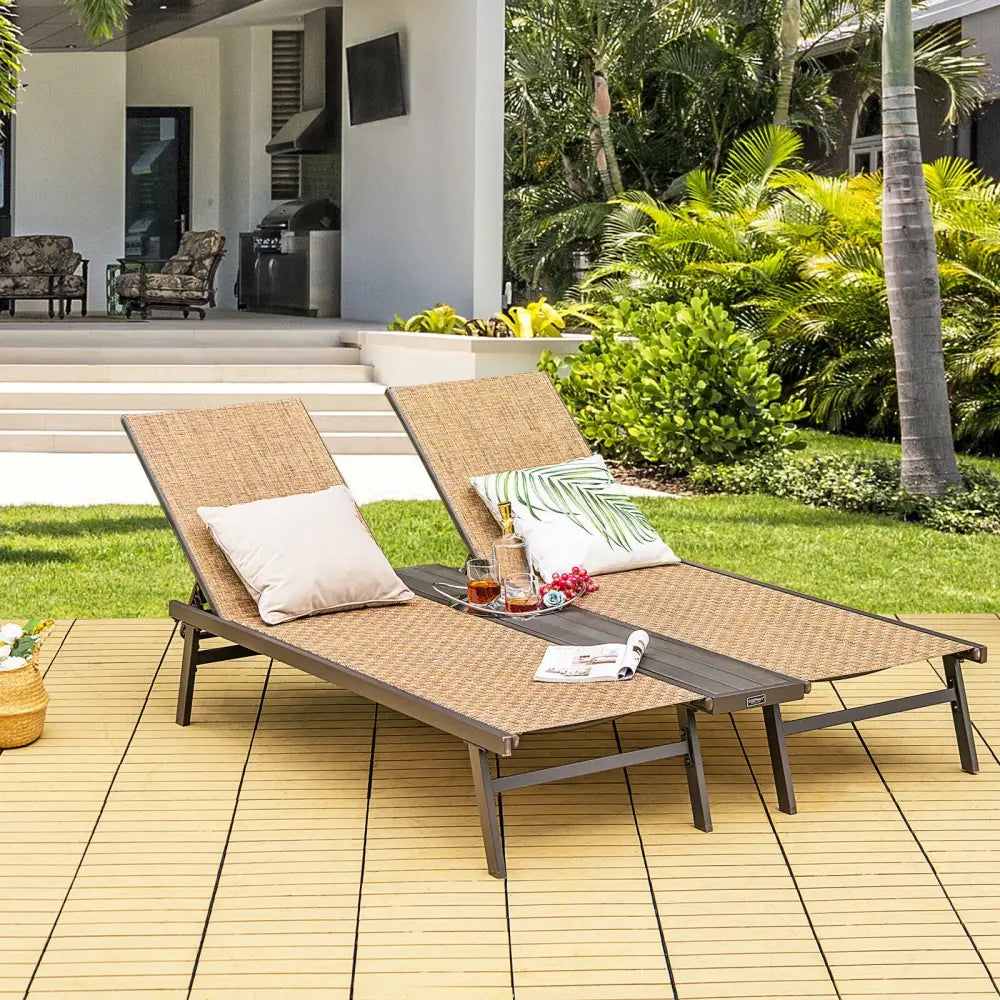2-Person Patio Chaise Lounge with Middle Panel-Brown - Brown - Outdoor Chaise Lounges