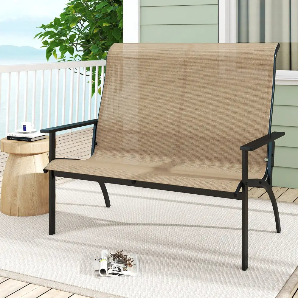 2-Person Patio Garden Bench with High Back and Armrests-Coffee - Coffee - Outdoor Benches