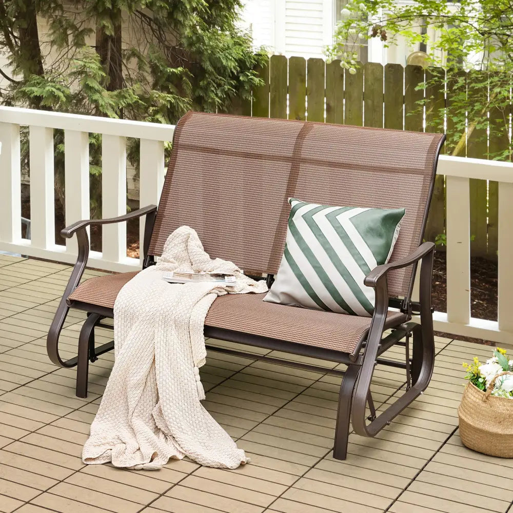 2-Person Patio Glider Bench with High Back and Curved Armrests-Brown - Brown - Patio Rocking Chairs & Gliders