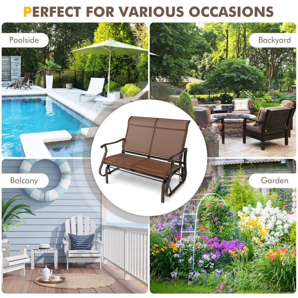 2-Person Patio Glider Bench with High Back and Curved Armrests-Brown - Brown - Patio Rocking Chairs & Gliders