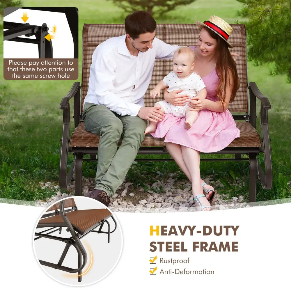 2-Person Patio Glider Bench with High Back and Curved Armrests-Brown - Brown - Patio Rocking Chairs & Gliders