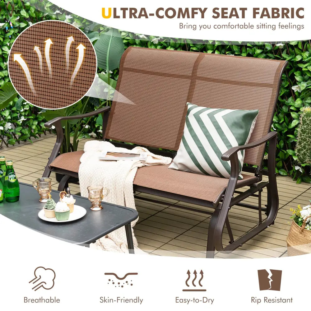 2-Person Patio Glider Bench with High Back and Curved Armrests-Brown - Brown - Patio Rocking Chairs & Gliders