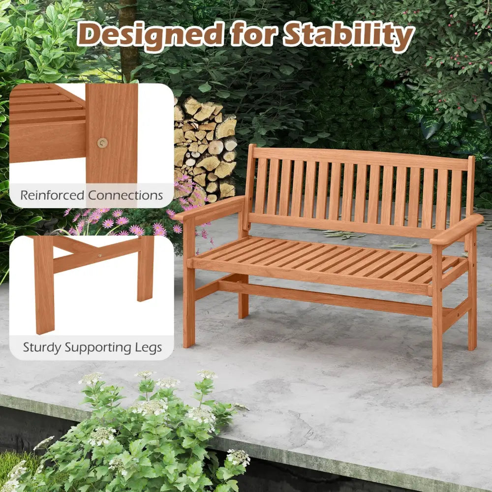 2-Person Patio Loveseat with Slatted Backrest and Comfortable Armrests - Natural - Outdoor Benches