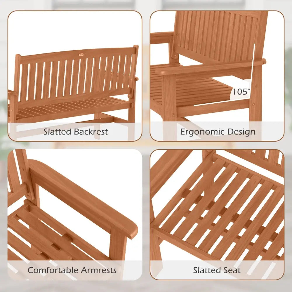 2-Person Patio Loveseat with Slatted Backrest and Comfortable Armrests - Natural - Outdoor Benches