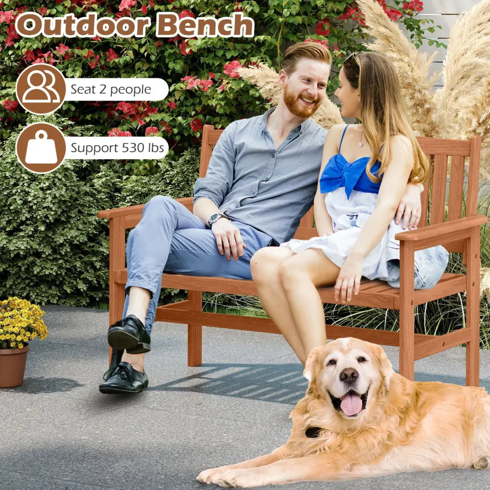2-Person Patio Loveseat with Slatted Backrest and Comfortable Armrests - Natural - Outdoor Benches