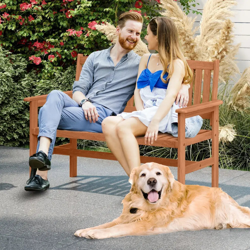 2-Person Patio Loveseat with Slatted Backrest and Comfortable Armrests - Natural - Outdoor Benches