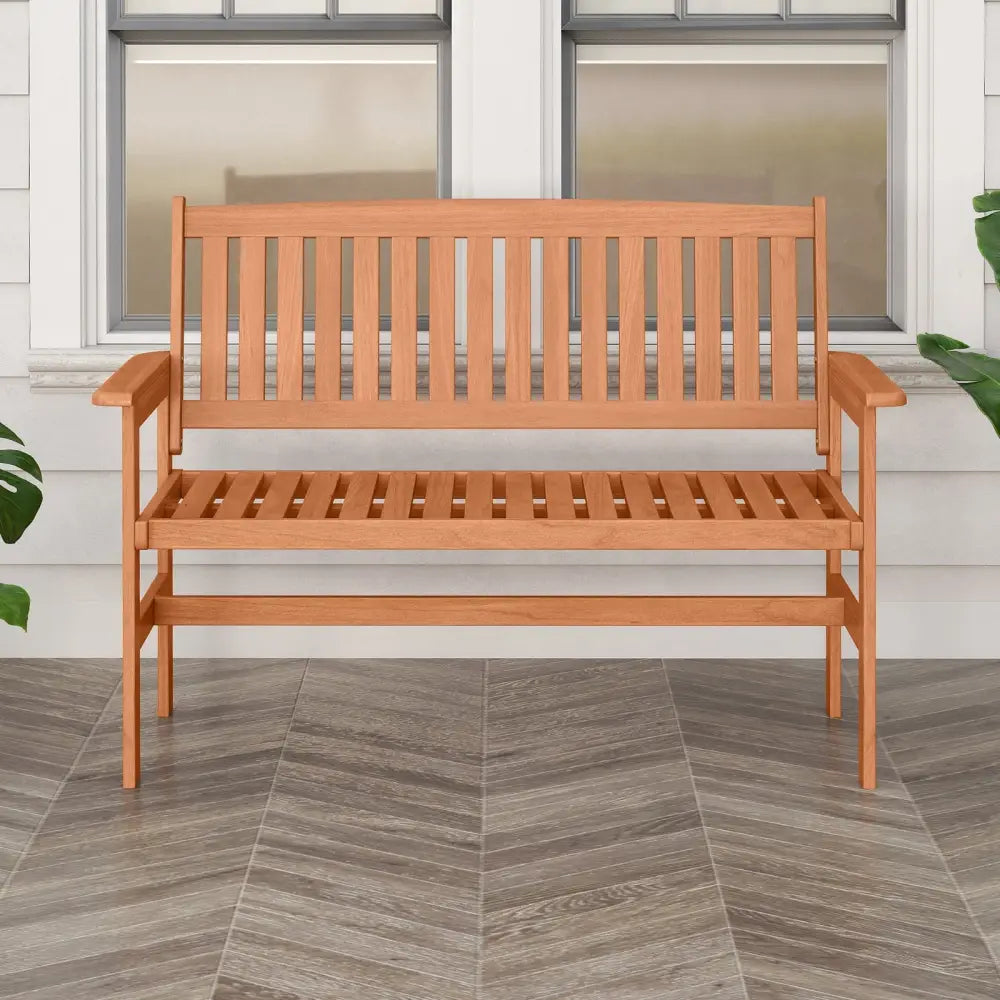 2-Person Patio Loveseat with Slatted Backrest and Comfortable Armrests - Natural - Outdoor Benches