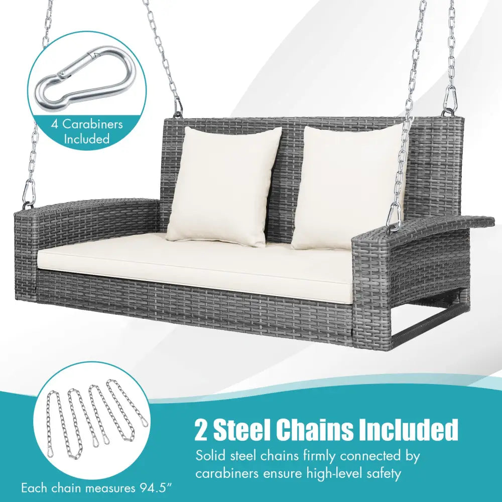 2-Person Patio PE Wicker Hanging Porch Swing Bench Chair Cushion 800 Pounds-White - White - Porch Swings