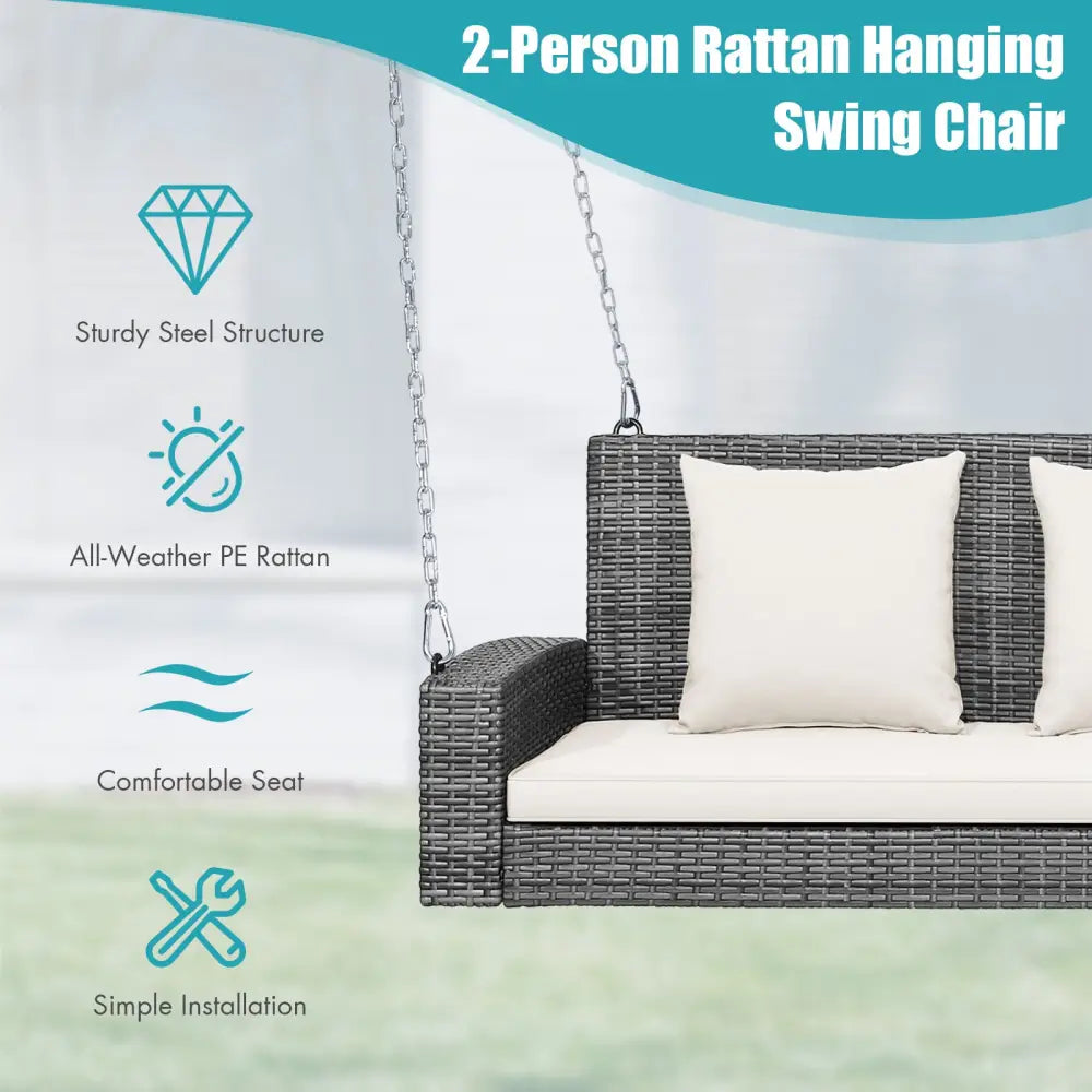 2-Person Patio PE Wicker Hanging Porch Swing Bench Chair Cushion 800 Pounds-White - White - Porch Swings