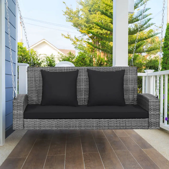 2-Person Patio PE Wicker Hanging Porch Swing Bench Chair Cushion 800 Pounds-Black - Black - Porch Swings