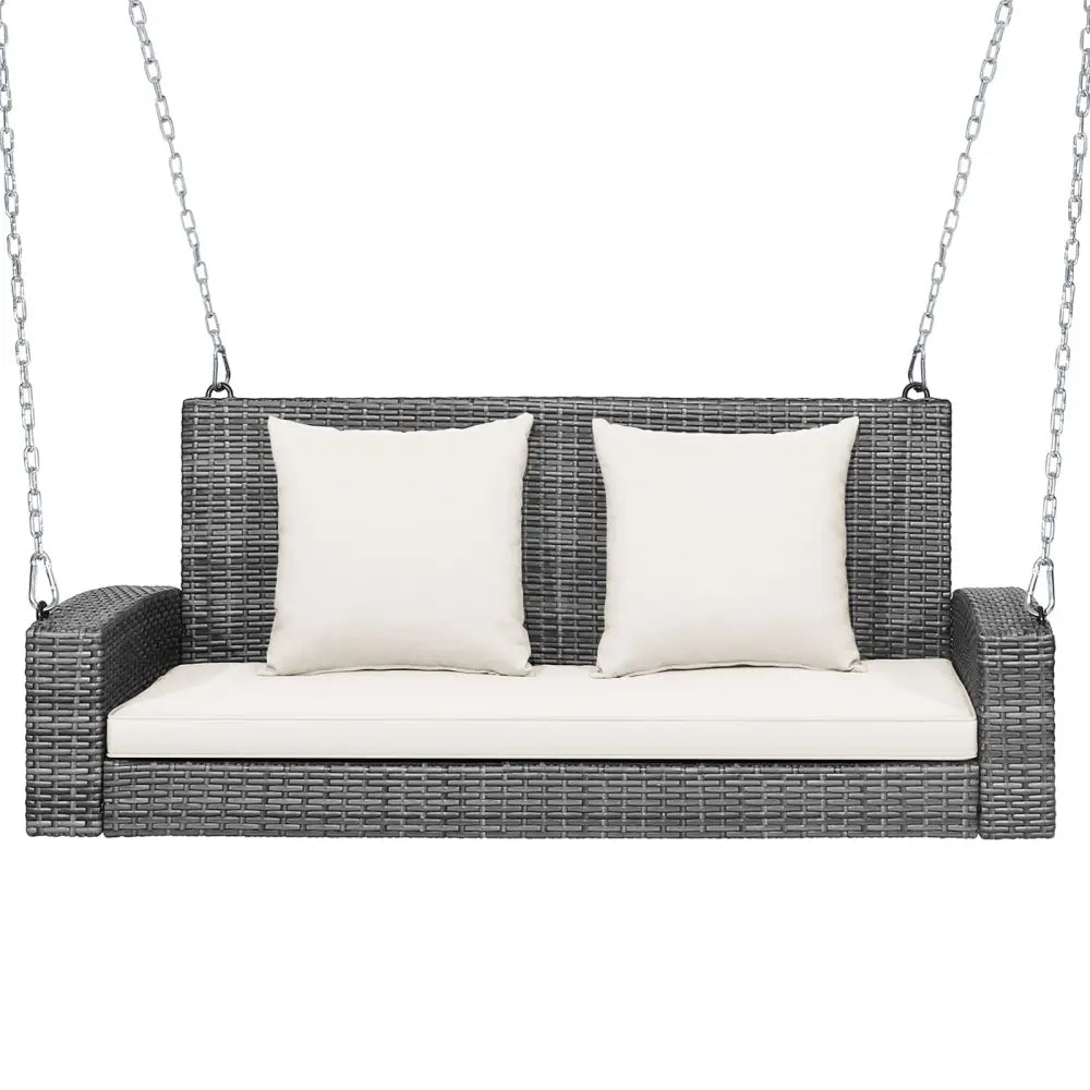 2-Person Patio PE Wicker Hanging Porch Swing Bench Chair Cushion 800 Pounds-White - White - Porch Swings