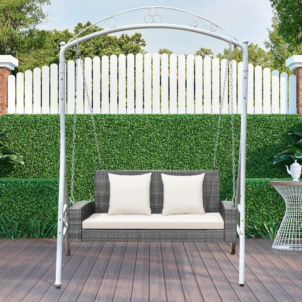2-Person Patio PE Wicker Hanging Porch Swing Bench Chair Cushion 800 Pounds-White - White - Porch Swings