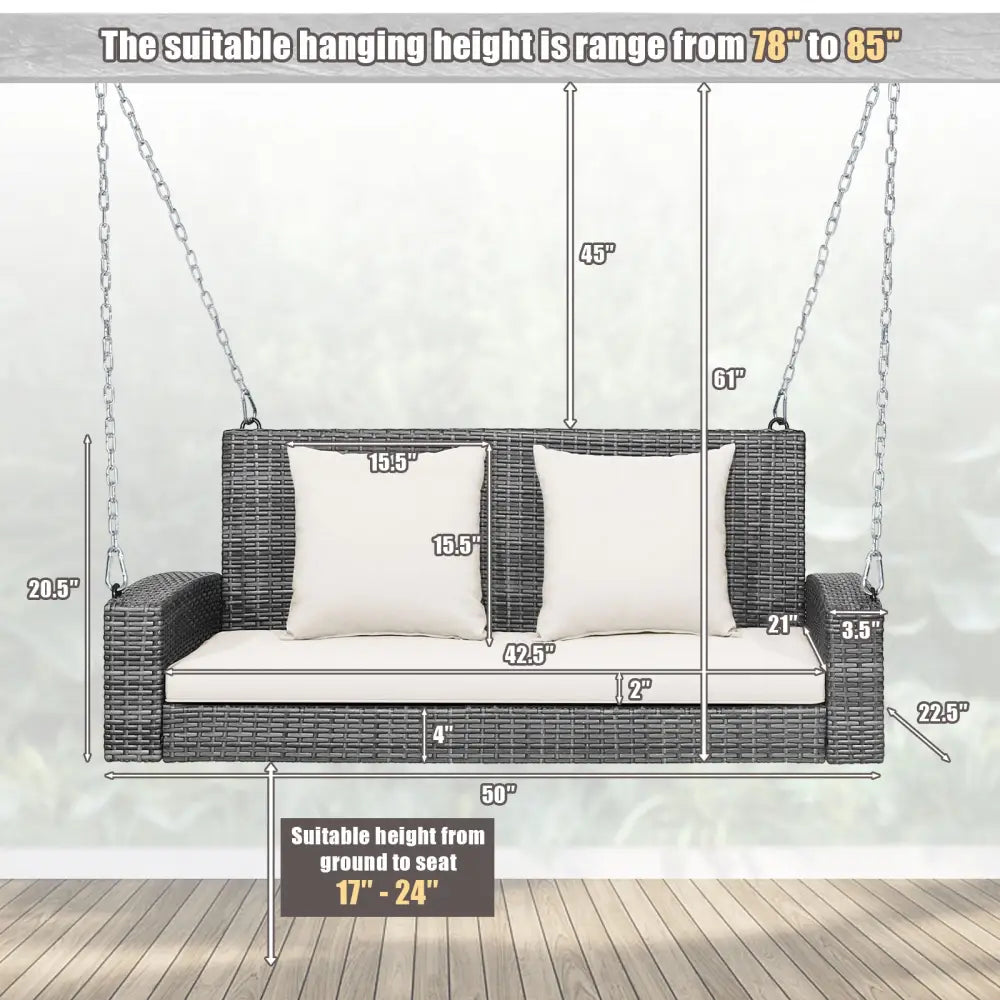 2-Person Patio PE Wicker Hanging Porch Swing Bench Chair Cushion 800 Pounds-White - White - Porch Swings