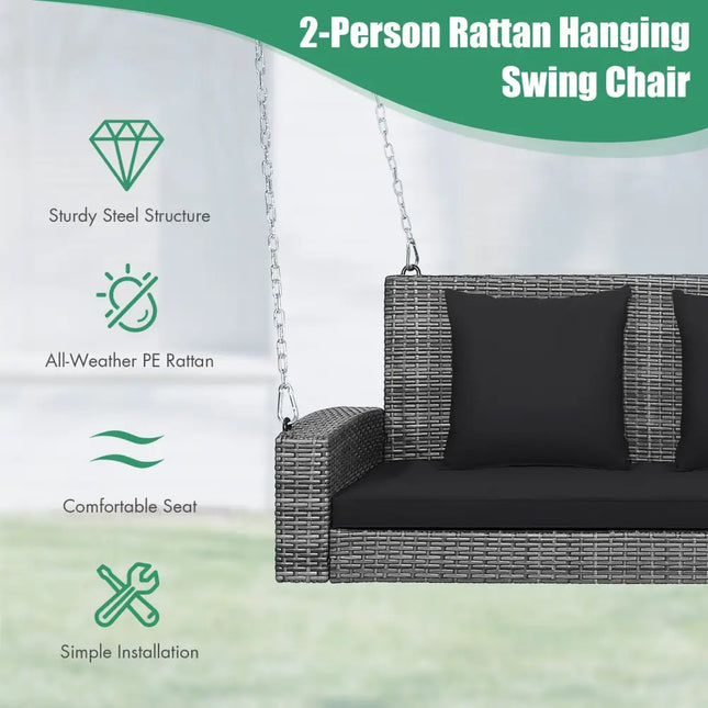 2-Person Patio PE Wicker Hanging Porch Swing Bench Chair Cushion 800 Pounds-Black - Black - Porch Swings