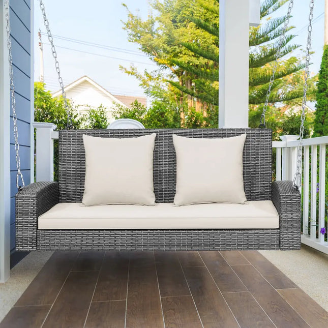 2-Person Patio PE Wicker Hanging Porch Swing Bench Chair Cushion 800 Pounds-White - White - Porch Swings