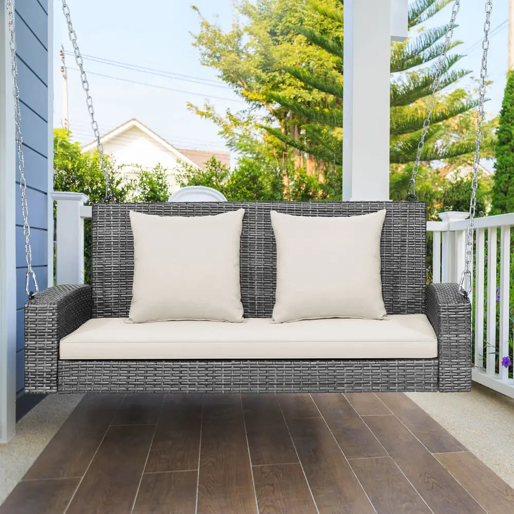 2-Person Patio PE Wicker Hanging Porch Swing Bench Chair Cushion 800 Pounds-White - White - Porch Swings