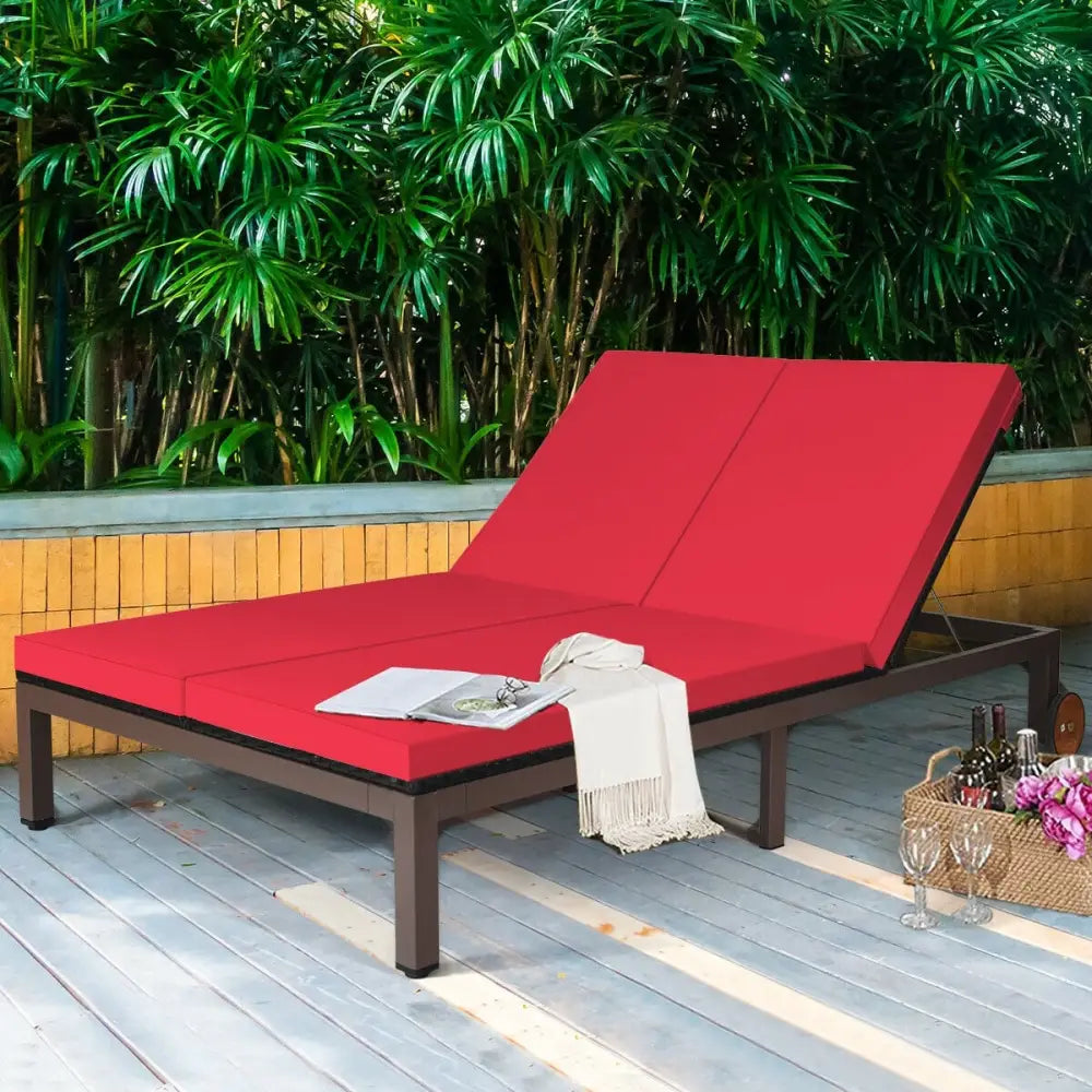 2-Person Patio Rattan Lounge Chair with Adjustable Backrest-Red - Red - Outdoor Chaise Lounges