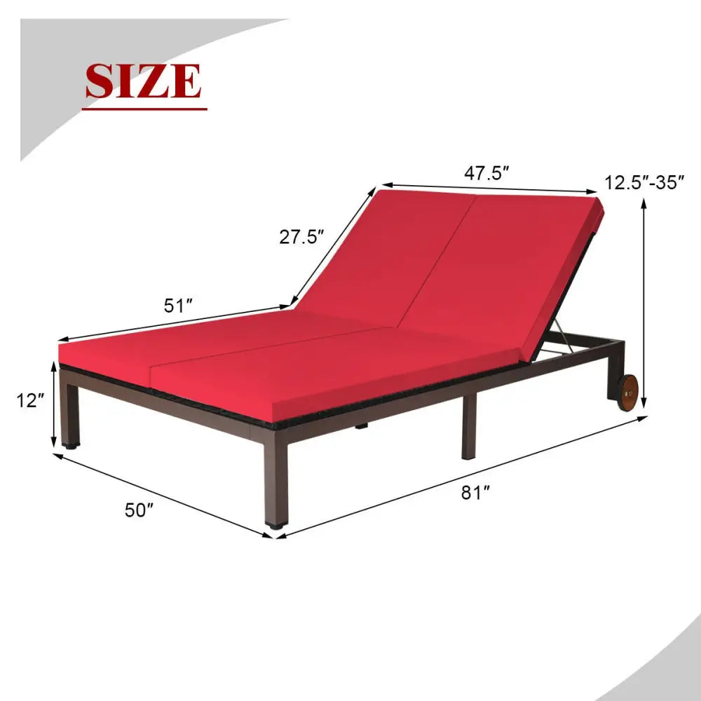 2-Person Patio Rattan Lounge Chair with Adjustable Backrest-Red - Red - Outdoor Chaise Lounges