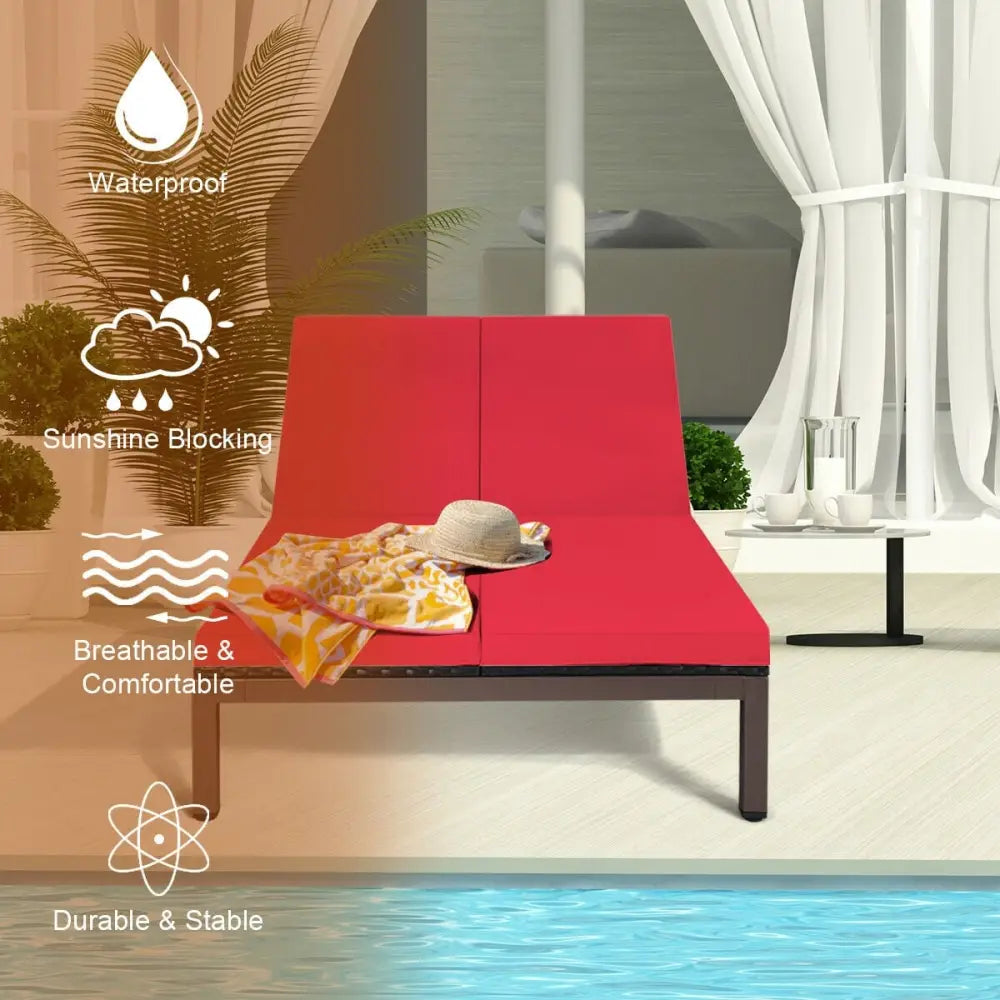 2-Person Patio Rattan Lounge Chair with Adjustable Backrest-Red - Red - Outdoor Chaise Lounges