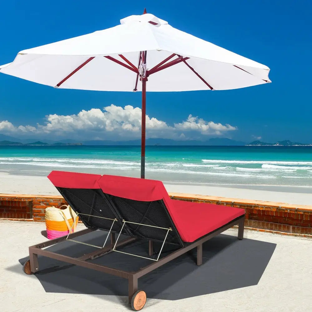 2-Person Patio Rattan Lounge Chair with Adjustable Backrest-Red - Red - Outdoor Chaise Lounges