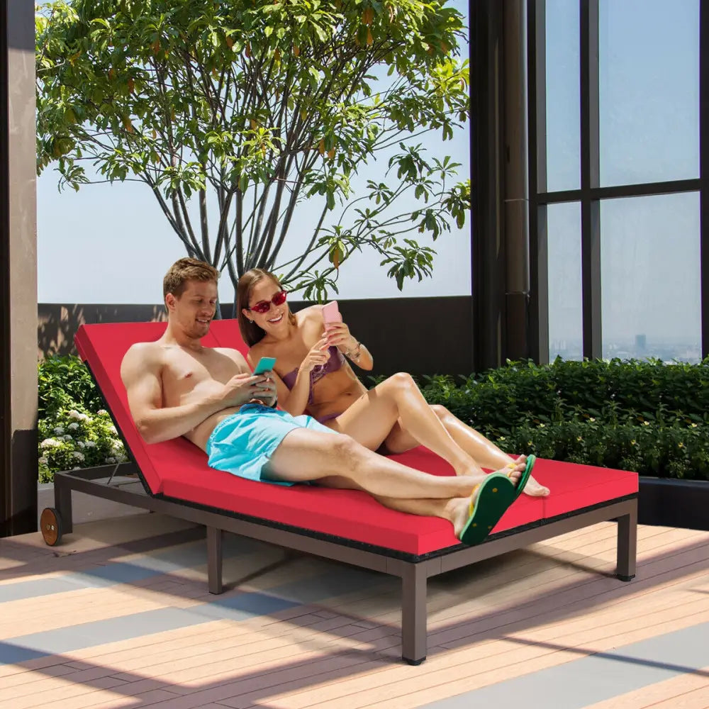 2-Person Patio Rattan Lounge Chair with Adjustable Backrest-Red - Red - Outdoor Chaise Lounges