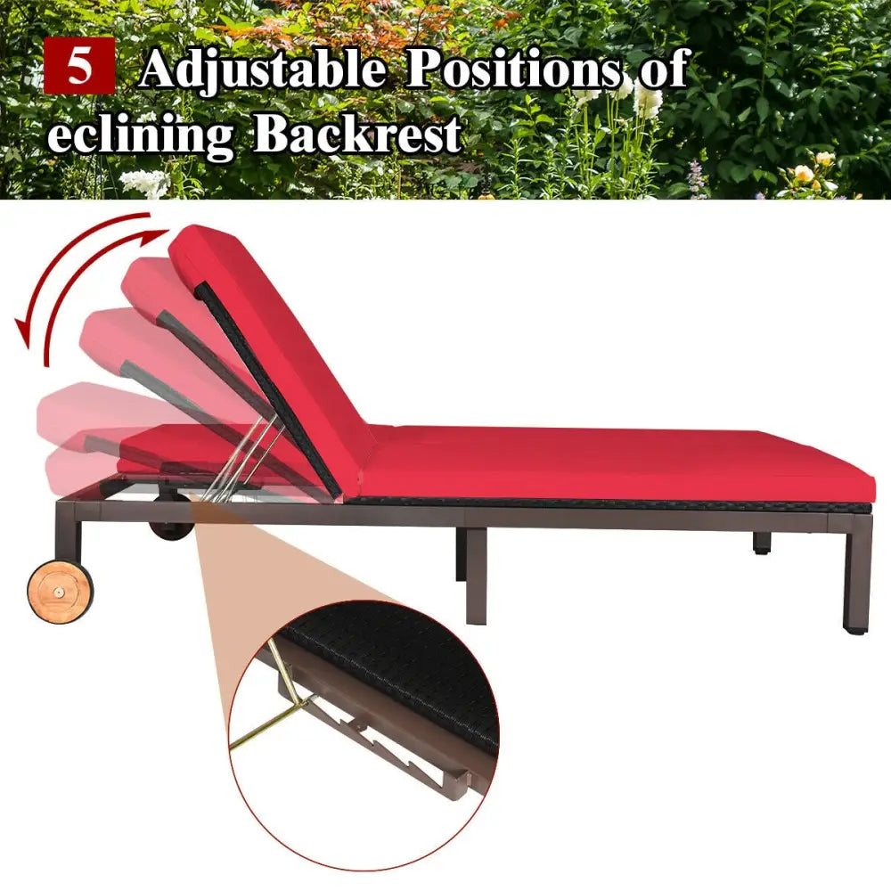 2-Person Patio Rattan Lounge Chair with Adjustable Backrest-Red - Red - Outdoor Chaise Lounges