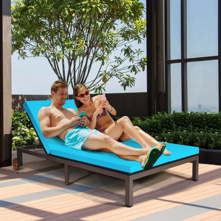 2-Person Patio Rattan Lounge Chair with Adjustable Backrest-Turquoise - Turquoise - Outdoor Chaise Lounges