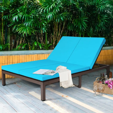 2-Person Patio Rattan Lounge Chair with Adjustable Backrest-Turquoise - Turquoise - Outdoor Chaise Lounges
