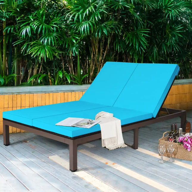 2-Person Patio Rattan Lounge Chair with Adjustable Backrest-Turquoise - Turquoise - Outdoor Chaise Lounges