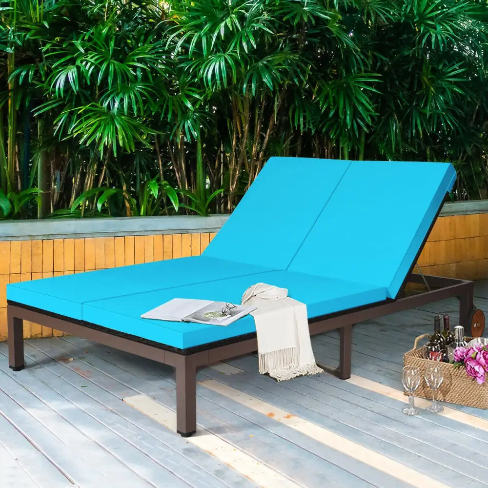 2-Person Patio Rattan Lounge Chair with Adjustable Backrest-Turquoise - Turquoise - Outdoor Chaise Lounges
